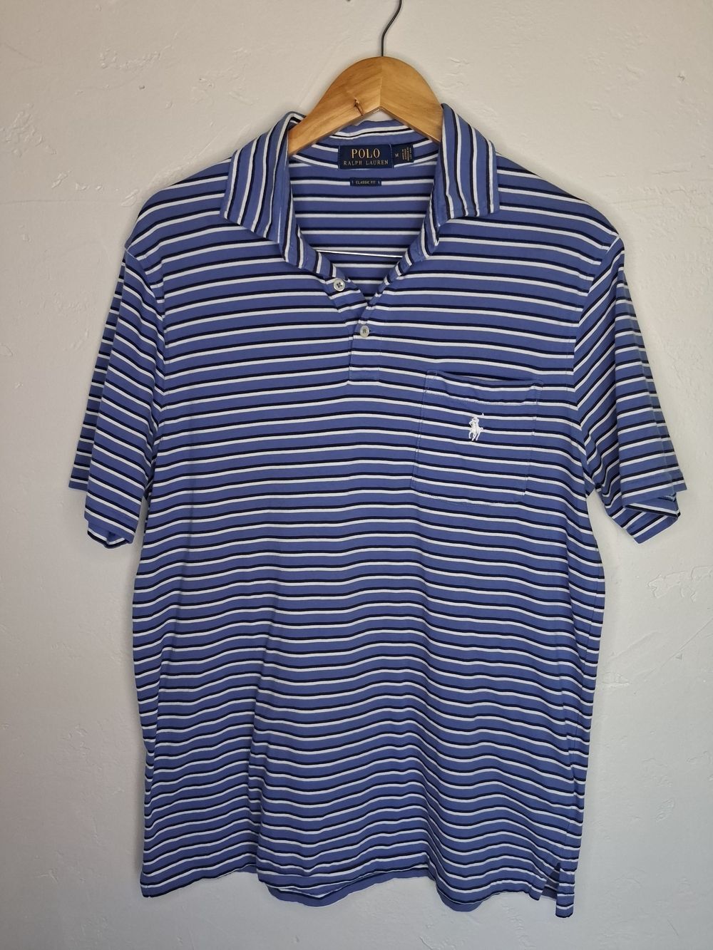 Polo Ralph Lauren Men’s M Blue Striped 100% Cotton Classic Fit Polo Shirt Preppy - Picture 2 of 9